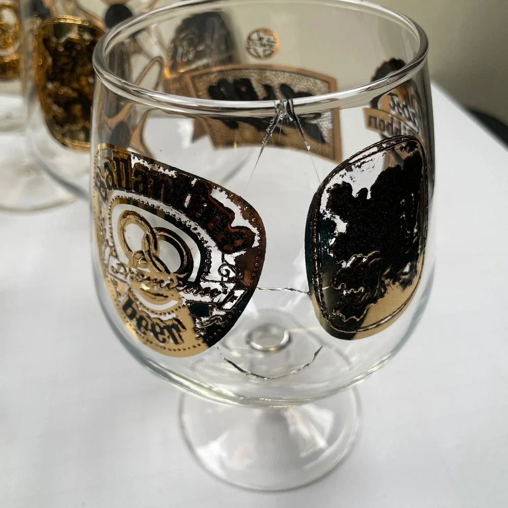 VTG Pabst Blue Ribbon PBR‎ Beer Glass Set 4 Gold MCM Brewery Promo Barware